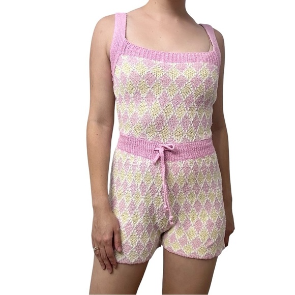 Free People Romper Dainty Kawaii Knit Diamonds Pink Barbiecore Size Extra Small - Picture 1 of 7